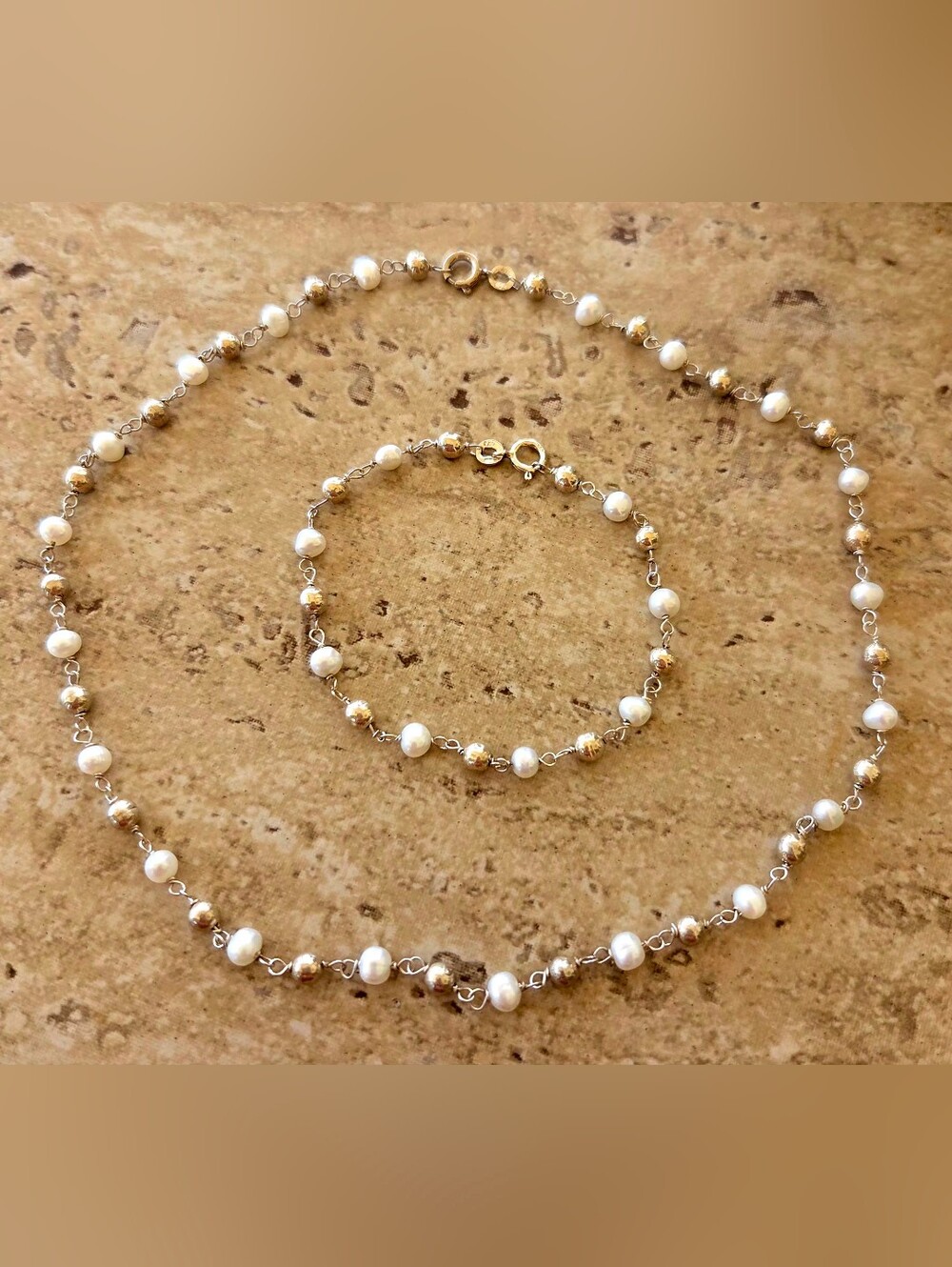VTG FAS 925 Gold Vermeil Freshwater Pearl Rosary Chain Necklace Bracelet Set